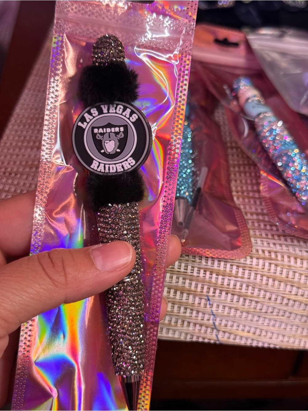 Raiders bling Pen with Black Pom Accent